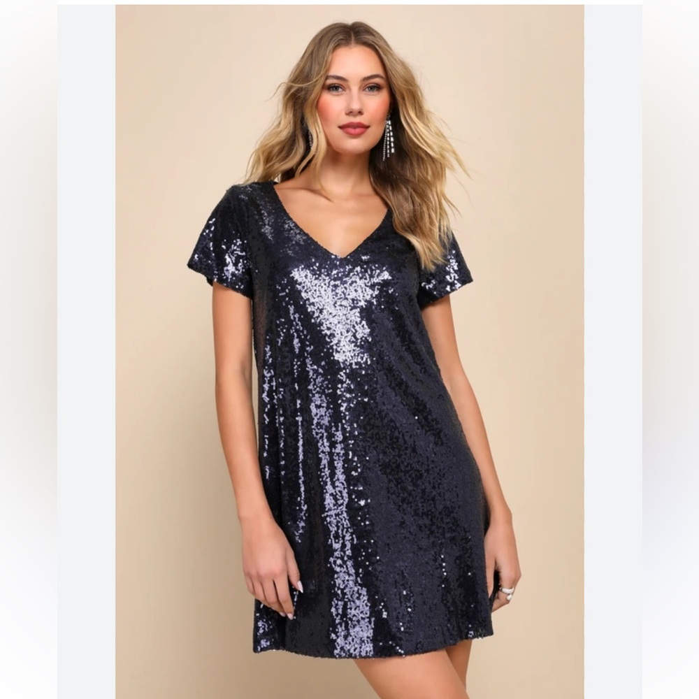 Lulus Light Up the Night Navy Blue Sequin Mini Dress Oversized XS